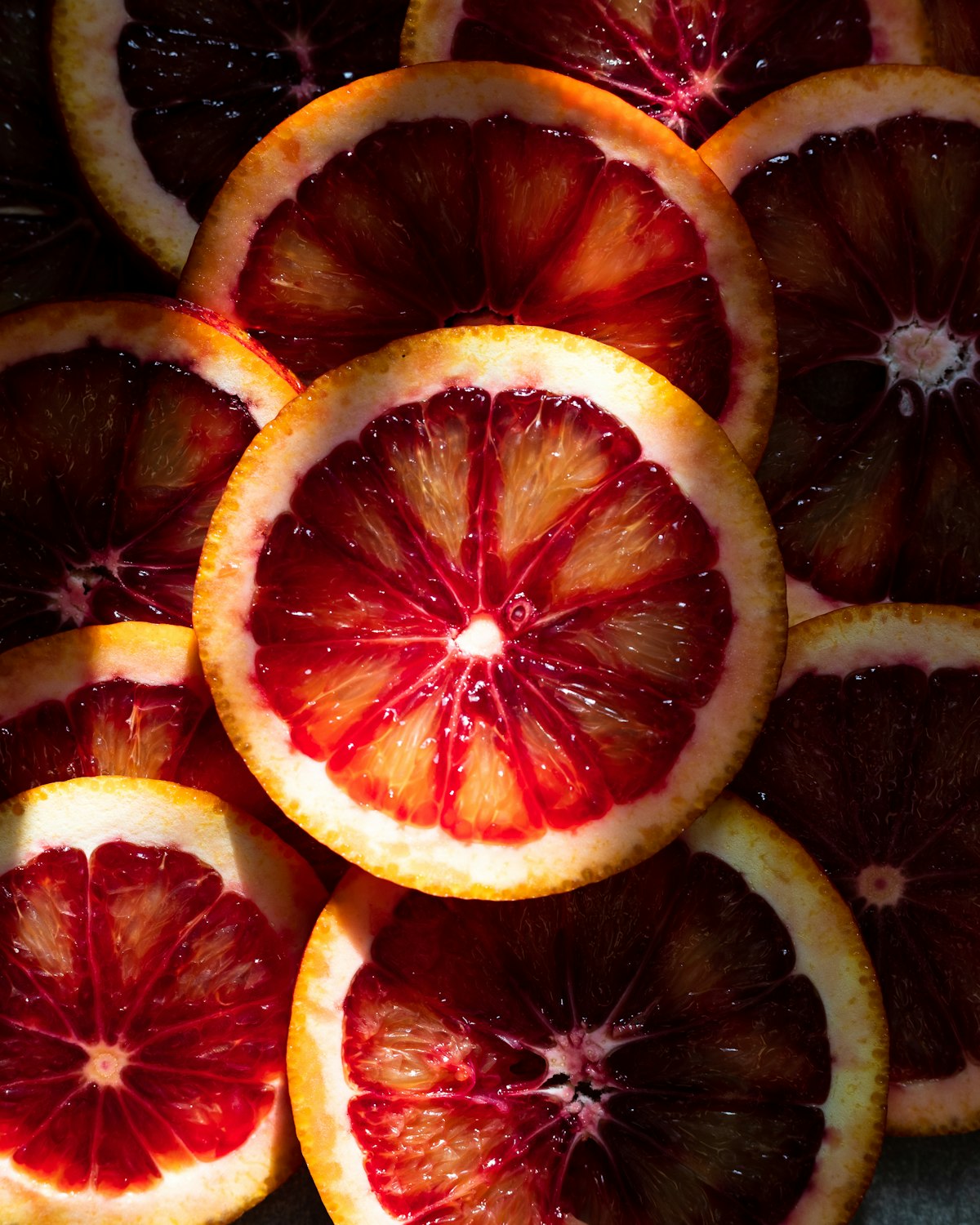 Blood orange slices in bright red