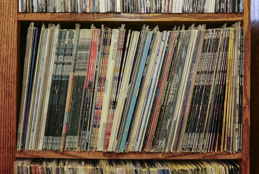 A shelf tightly packed with record sleeves